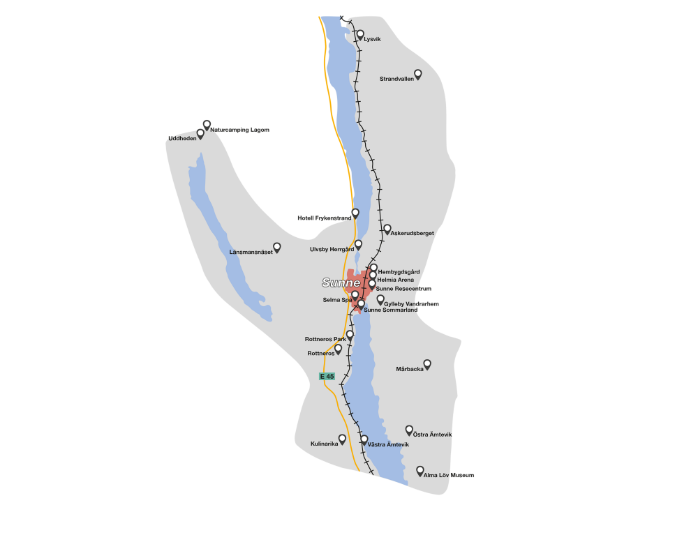 X-linjen har hållplatser på flera ställen i Sunne kommun. På Östra sidan går det från Lysvik i norr, till Östra Ämtervik i söder. På den västra sidan sträcker sig kartan från Västra Ämtervik, upp till Hotell Frykenstrand och till Uddheden i Gräsmark.