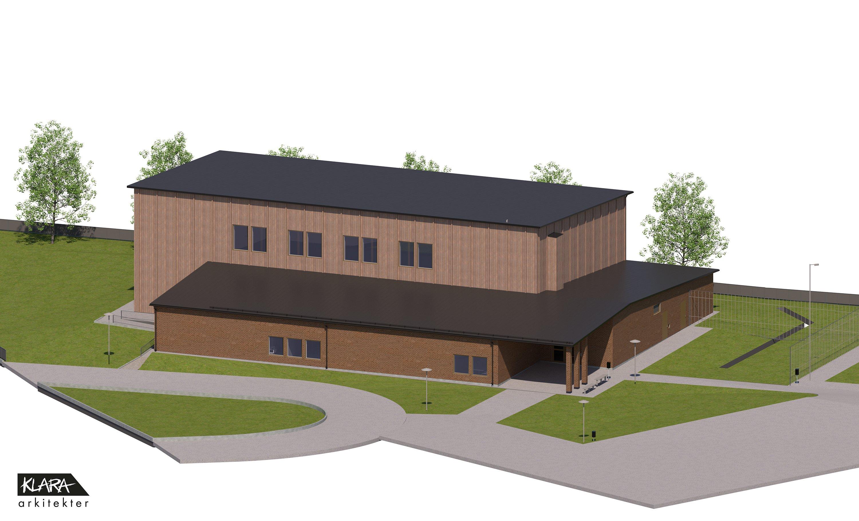 Ritning över nya idrottshallen vid Skäggebergsskolan i Sunne.