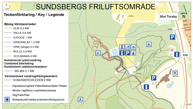 Karta över Sundsbergs friluftsområde som visar vandrings-, cykelleder samt grillplatser.
