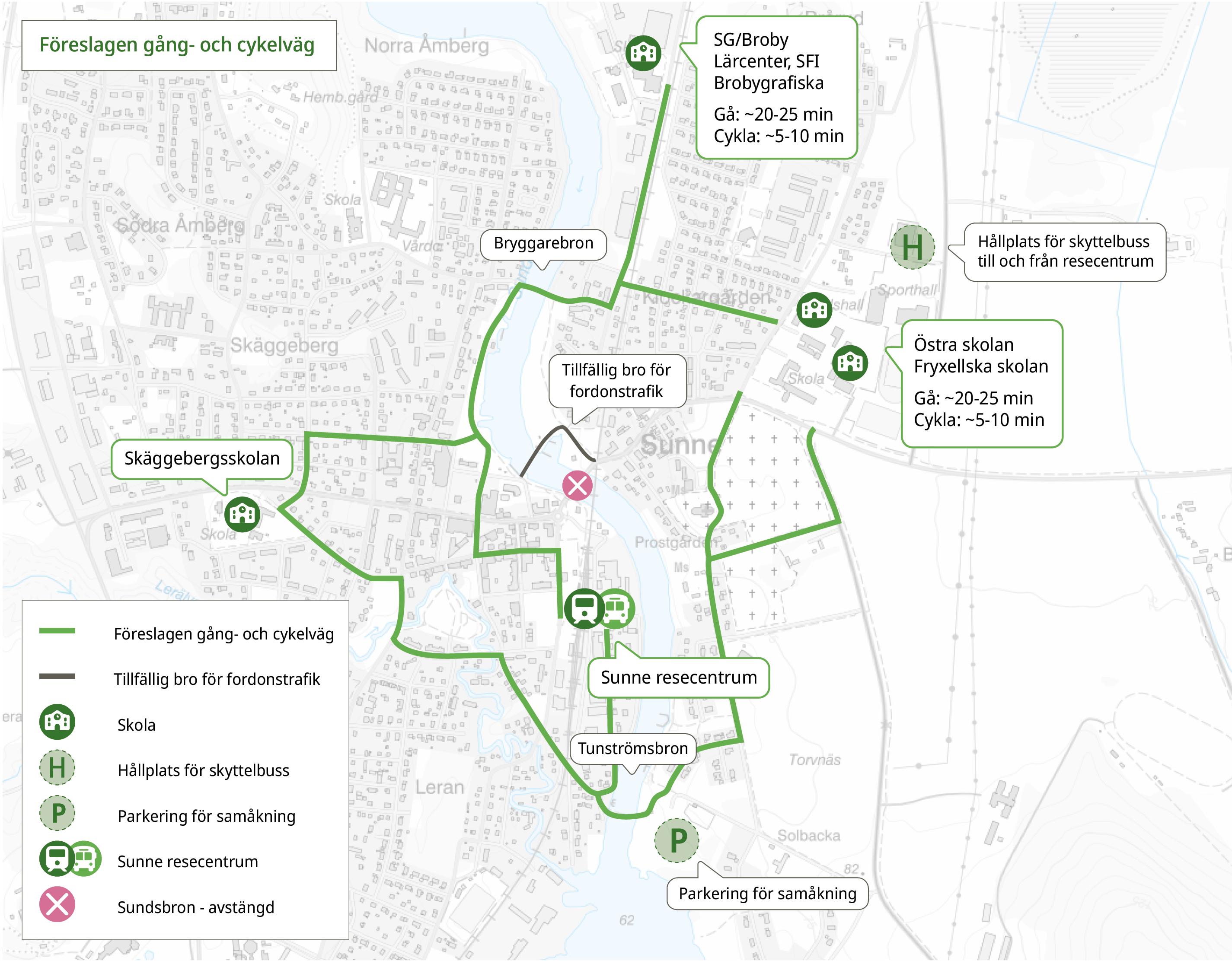 Karta som illustrerar de föreslagna gång- och cykelvägarna från skolorna.