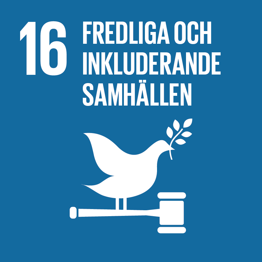 Globala målen - mål 16, fredliga och inkluderande samhällen.